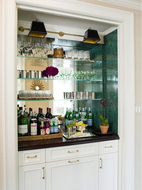 built in wet bar faux malachite mirror shelves interior design decor styling chic glam inspiration